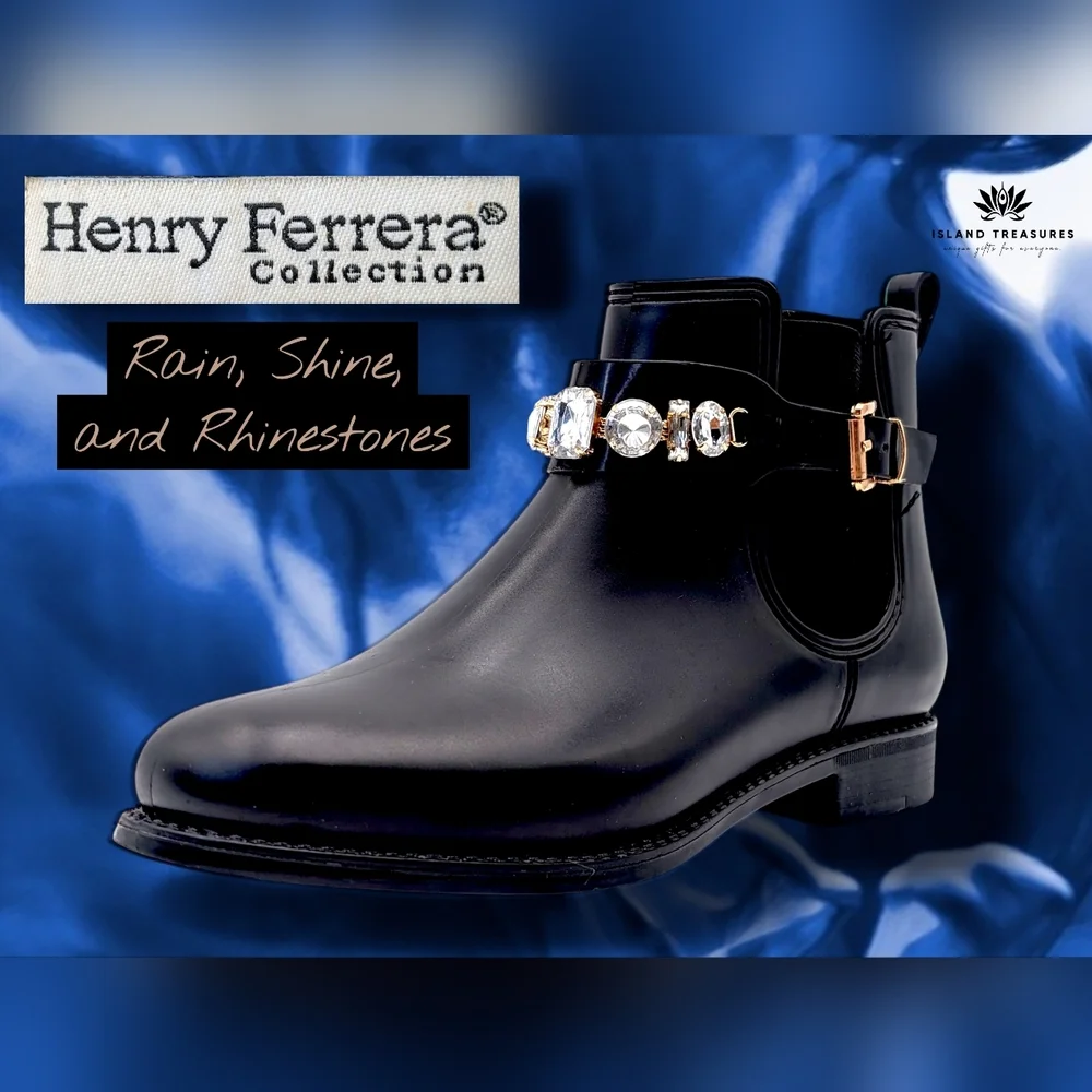 Henry Ferrera Women's Size 7.5 Black Ankle Booties with Rhinestone Jewel Accents